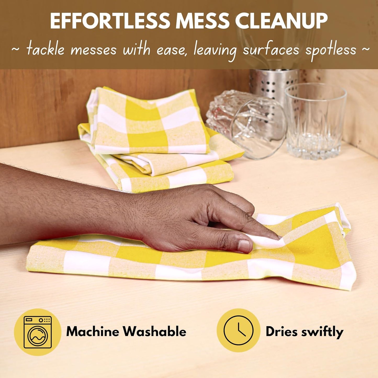 Native Fab Yellow Buffalo Dish Towel 16"x26", Set of 6 - Cotton Plaid Towels, Soft Absorbent Dishcloths with Hanging Loop, Kitchen Towels for Quick Drying - Yellow White