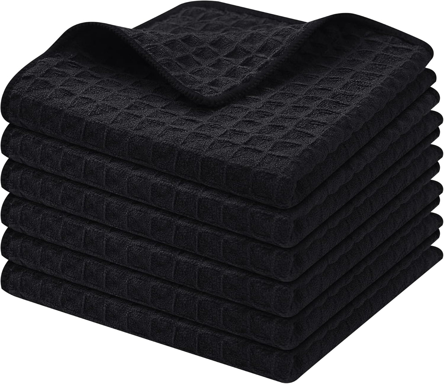 Homaxy Microfiber Waffle Weave Kitchen Dish Cloths, 12 x 12 Inch Ultra Absorbent and Solid Color Dish Towels for Kitchen Fast Drying Dishcloth for Washing Dishes, 6 Pack, Black