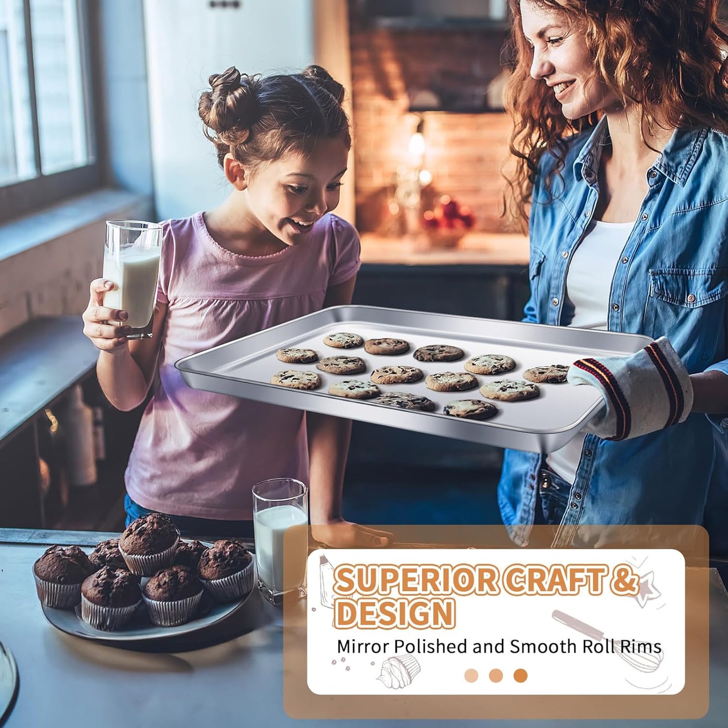 Stainless Steel Baking Sheet Set of 2, Deedro Cookie Sheet Metal Baking Pan Oven Tray, Non Toxic & Heavy Duty, Rust Free & Mirror Finish, Easy Clean & Dishwasher Safe, 17.3 x 12.3 x 1 Inch