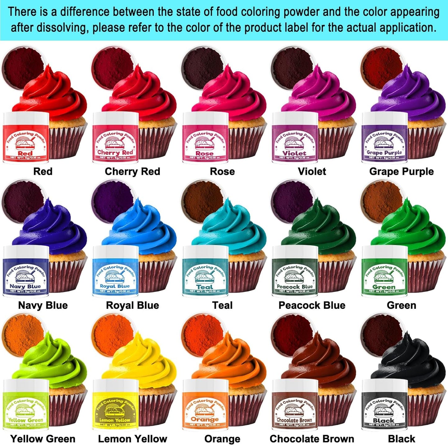 Food Coloring Powder - 15 Bright Colors Flavorless Food Dye, High Concentrated Upgraded Food Coloring for Icing, Baking, Cake Decorating, Cooking, Frosting - 5g/bottles