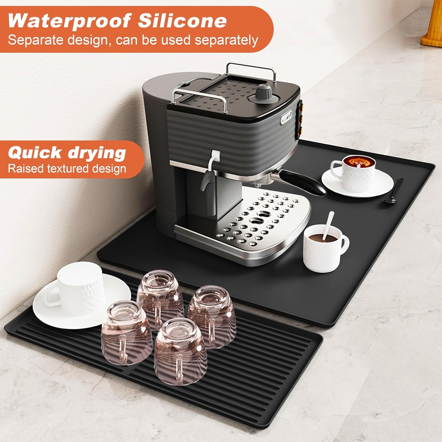 Silicone Coffee Mat, 24 x 16 Inch Non-Slip Heat Resistant, Large and Small Combination Bar Mat, Convex Edge Spill Resistant Design for Coffee Machines and Kitchen Countertops,Straight Stripe Black