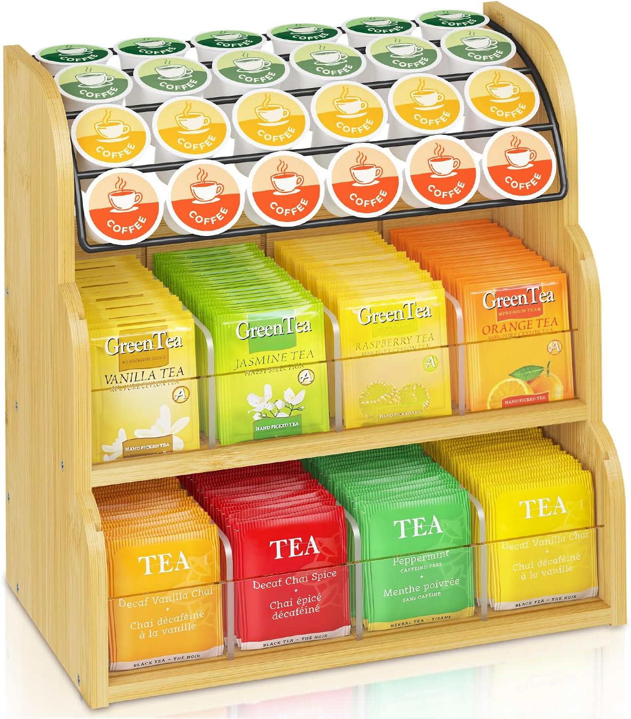 EsLuker.ly Tea Bag Holder Coffee Pod Organizer for Countertop Cabinet, Bamboo 3 Tier Teabag Packet Display Shelf and K Cups Rack Stand for Tea Bar & Coffee Station Storage, Save Space Elegantly