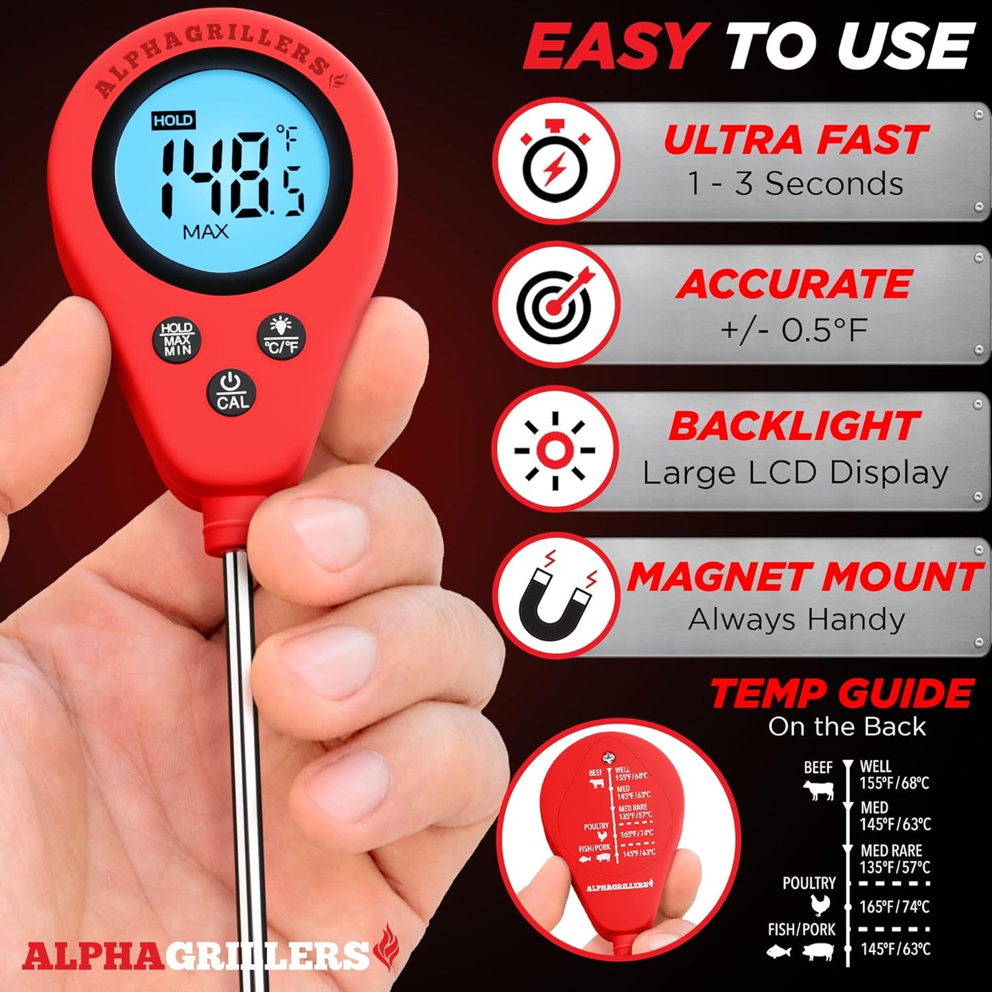 Alpha Grillers Instant Read Meat Thermometer Digital Food Thermometer for Cooking Grilling Bread Baking Liquids and Air Fryer with Temperature Guide, Long Probe and Large Backlit Display