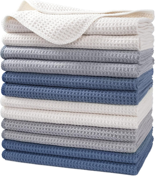 POLYTE Premium Microfiber Kitchen Dish Hand Towel Waffle Weave 12 Pack (16x28 in, Dark Blue, Gray, Off White)