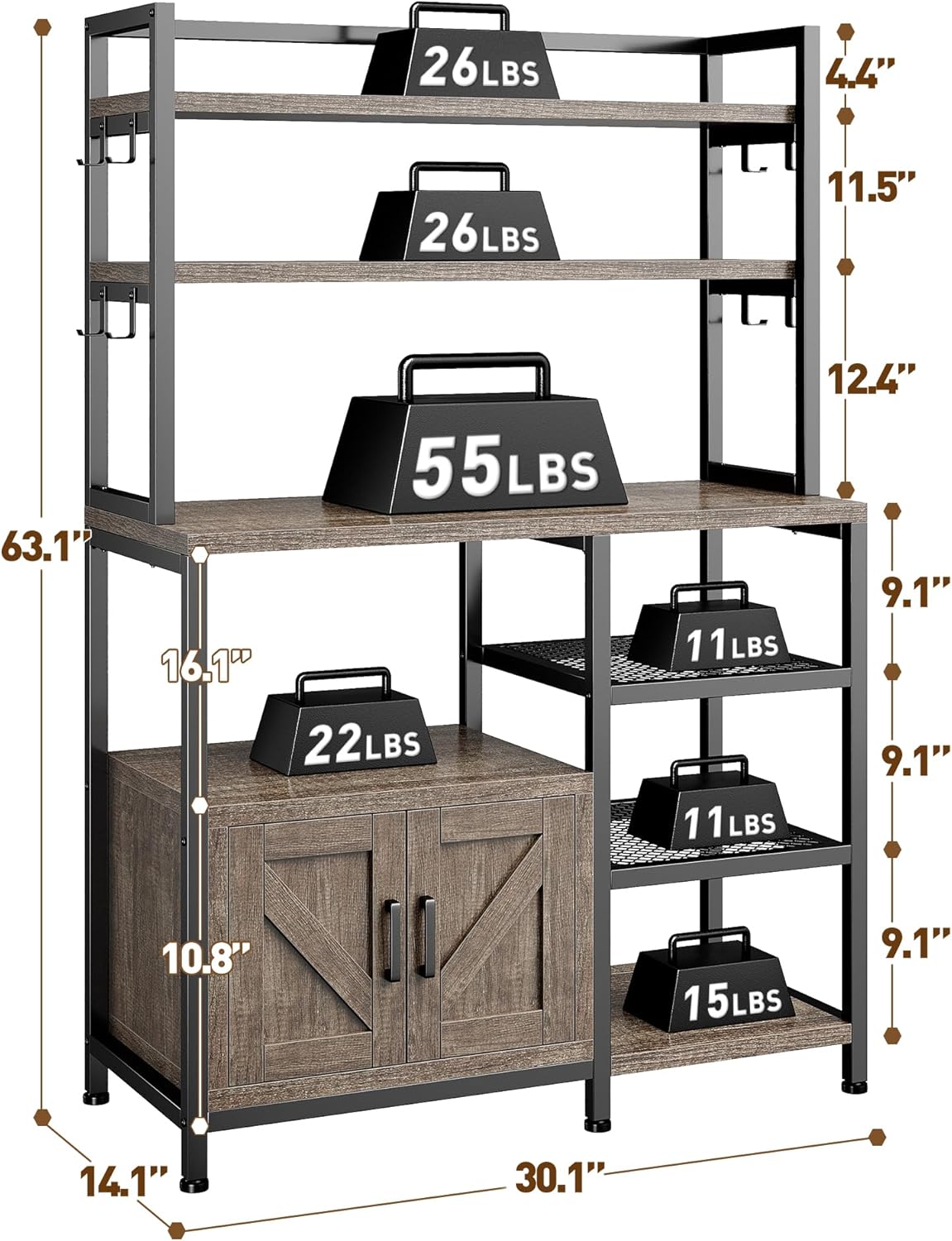 EnHomee Bakers Rack, 6 Tier Microwave Stand, Coffee Bar Organizer with 8 L-Shaped Hooks, Kitchen Shelves with Large Capacity Storage, 14.1 x 30.1 x 63.1 Inches, Black Oak