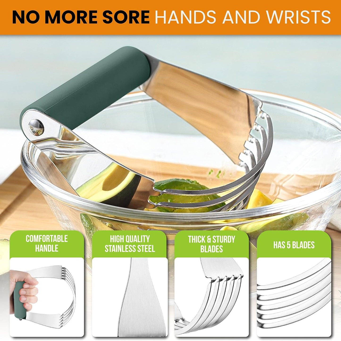 Spring Chef Large Dough Blender For Baking, Manual Dough Cutter Tool, Stainless Steel Puff Pastry Cutter Tool with Sharp Blades, Dishwasher Safe Pastry Blender for Easy Mixing - Pine Green