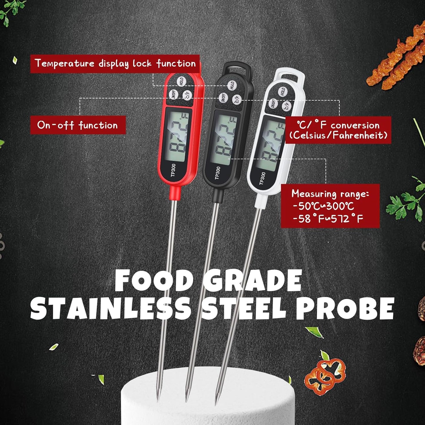 12 Pcs Meat Food Thermometer Food with Probe Water Liquid Instant Read Digital Thermometer Kitchen Cooking Supplies for Cooking BBQ Milk Yogurt (Black,White,Red)