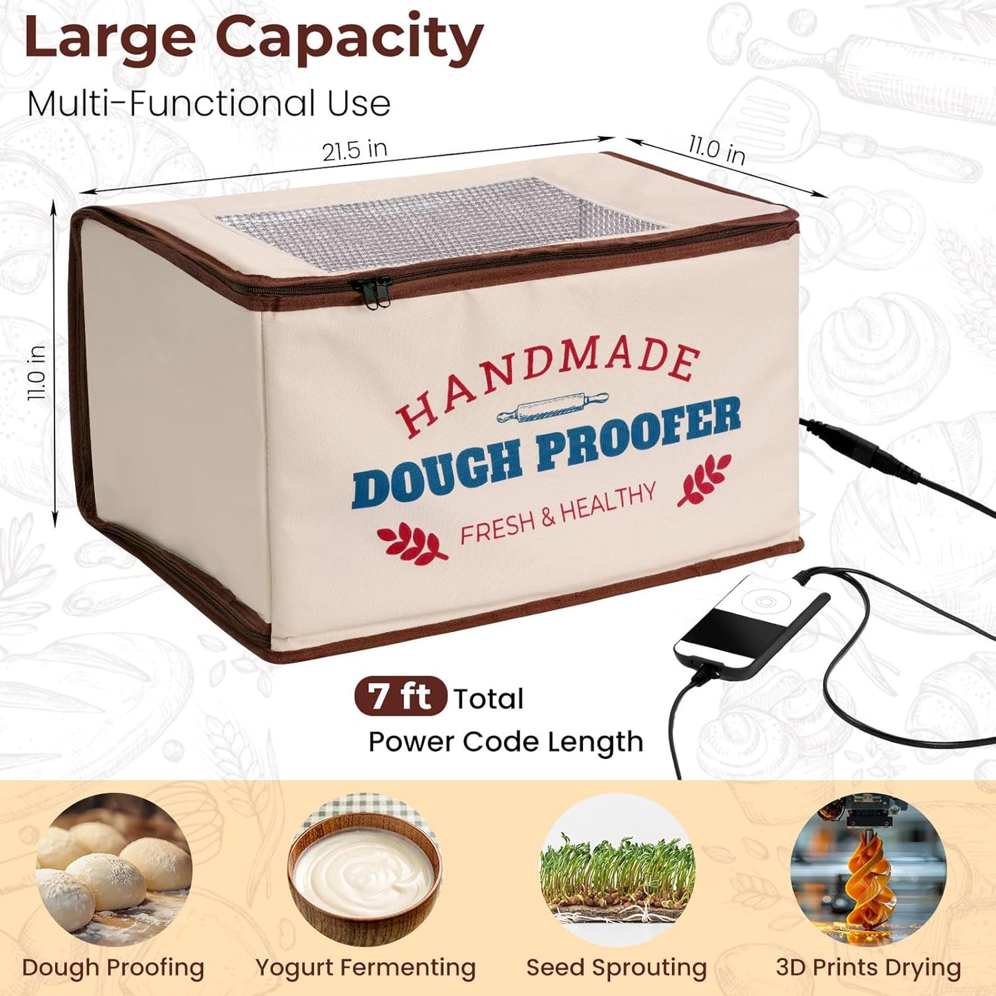 Folding Dough Proofer Box with Temp Control (50-130℉) & 24H Timer, Extra Large Bread Proofing Box for Sourdough, Pizza, Yogurt, Seed Starting, 3D Filament Drying, Space-Saving & Easy to Use