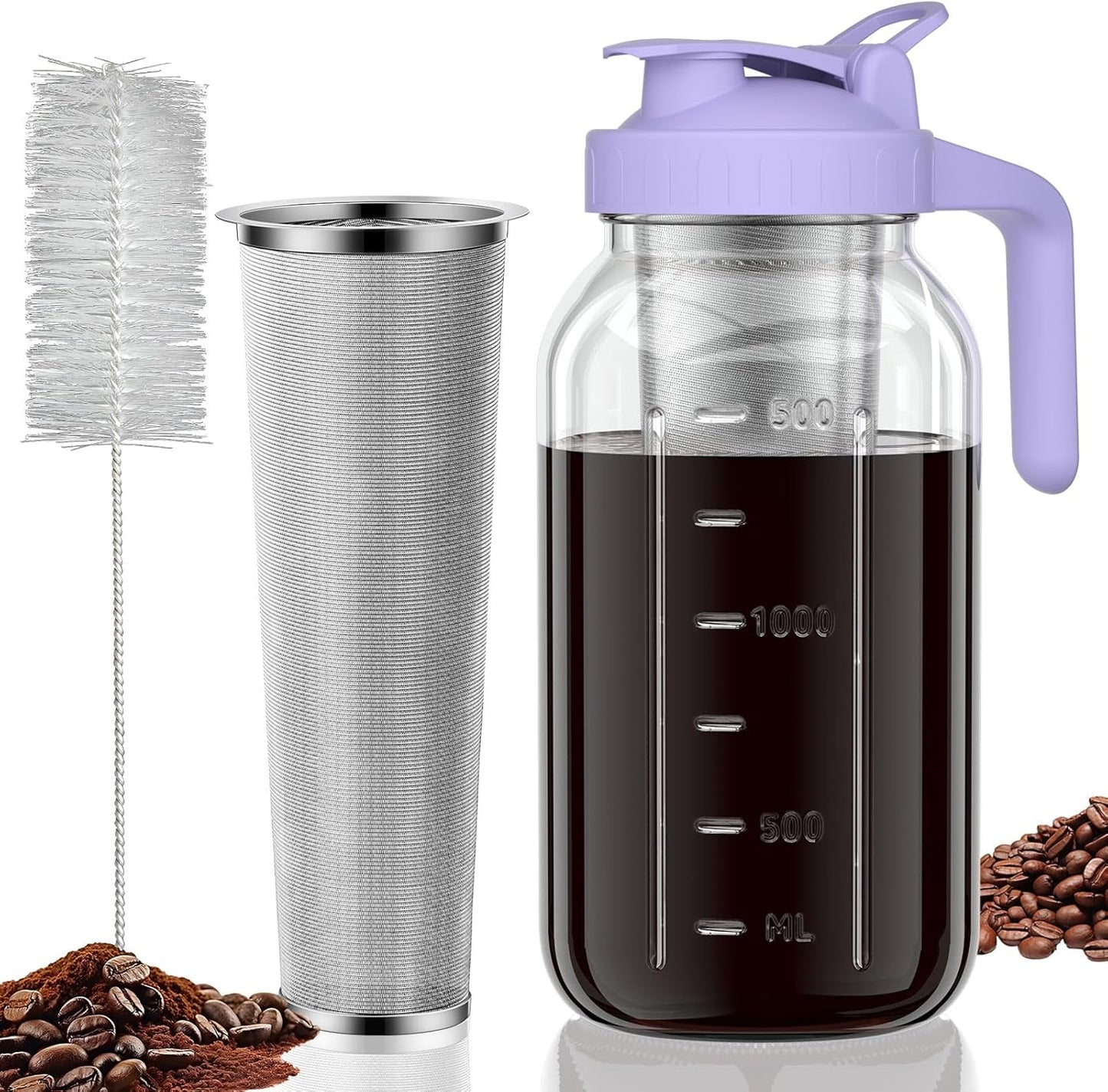 Cold Brew Coffee Maker Jar - 64oz Thick Glass Multipurpose Mason Pitcher Spout Lid with Handle & Stainless Steel Filter for Iced Coffee, Lemonade, Ice Tea, Homemade Fruit Drinks Container
