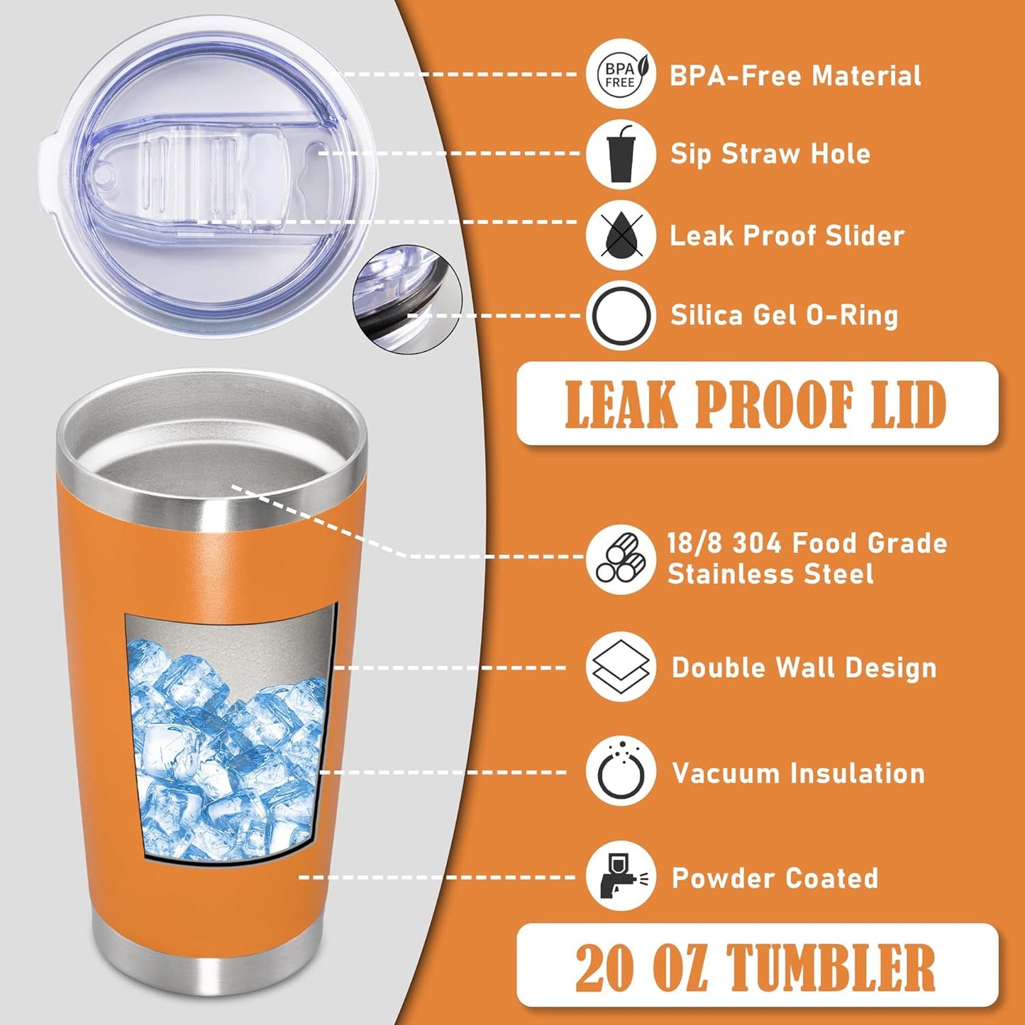 20 oz Tumbler Coffee Tavel Tumblers Bulk with Lid Stainless Steel Double Wall Vacuum Insulated Mug Powder Coated Cups fit Car Cupholder for Hot and Cold - Orange, 8Pack