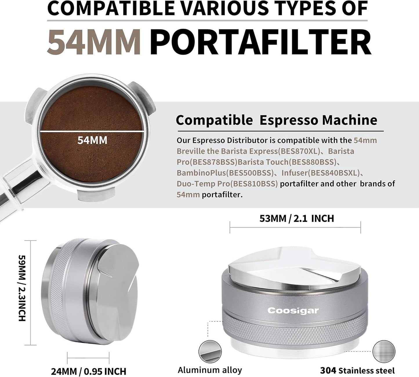 54mm Coffee Distributor and Tamper,Dual Head Coffee Leveler Fits for Breville 54mm Portafilter,Professional Espresso Hand Tamper.(Silver)