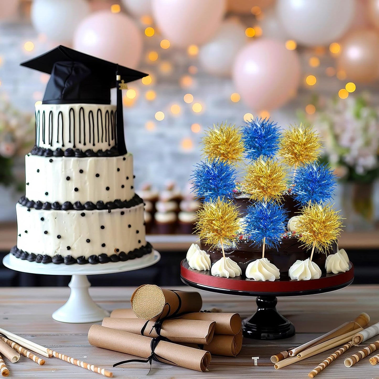 Chinco 100 Pcs Foil Firework Cupcake Toppers Sparkle Tinsel Cake Toppers Cake Decoration Cocktail Fruit Toothpick for Birthday Wedding Graduation Party(Blue, Gold)