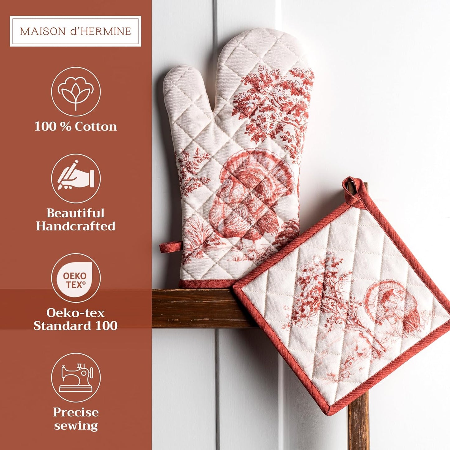 Maison d' Hermine 100% Cotton Oven Mitt & Pot Holder Set (7.5"x13" & 8"x8") Heat Resistant BBQ Cooking Gloves with Loop, Baking, Grilling, Kitchen, Handling Hot Pans (Holy Jouy - Red)