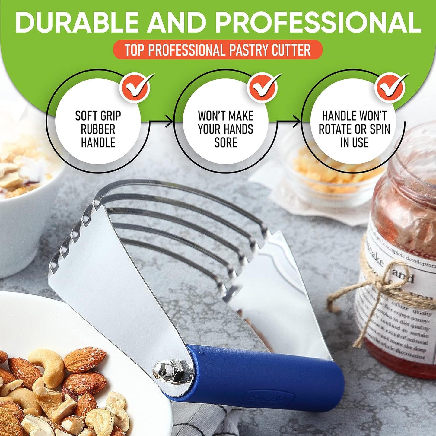 Spring Chef Large Dough Blender For Baking, Stainless Steel Puff Pastry Cutter Tool with Sharp & Thick Blades, Dishwasher Safe Dough Cutter Tool, Manual Pastry Blender for Easy Mixing - Sapphire