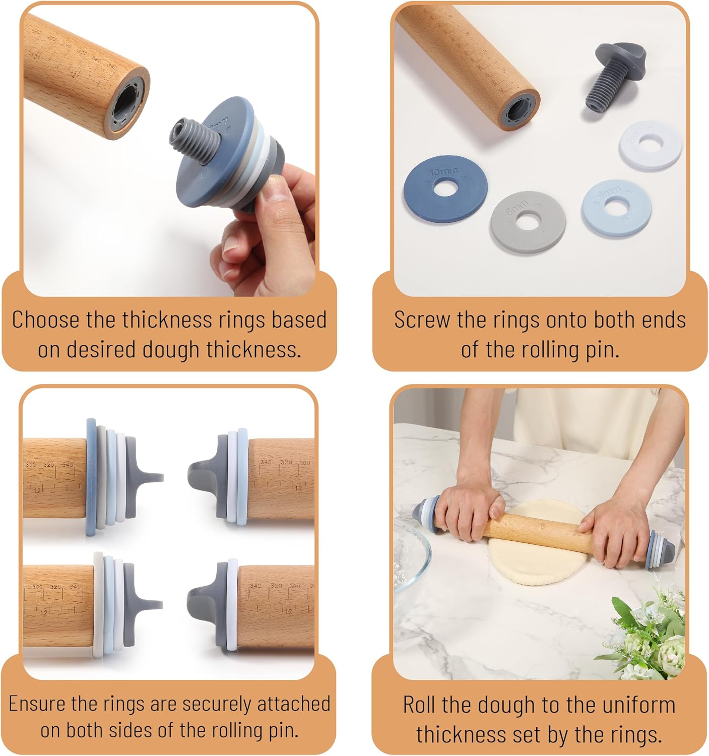 Bamboo Land- Adjustable Rolling Pin with Thickness Rings for Baking, 13.8", 4 Pastel Colored Thickness Rings (2-10 mm or 1/16"-3/8"), Wood Rolling Pins for Baking, Bread, Pizza & Cookie Doughs