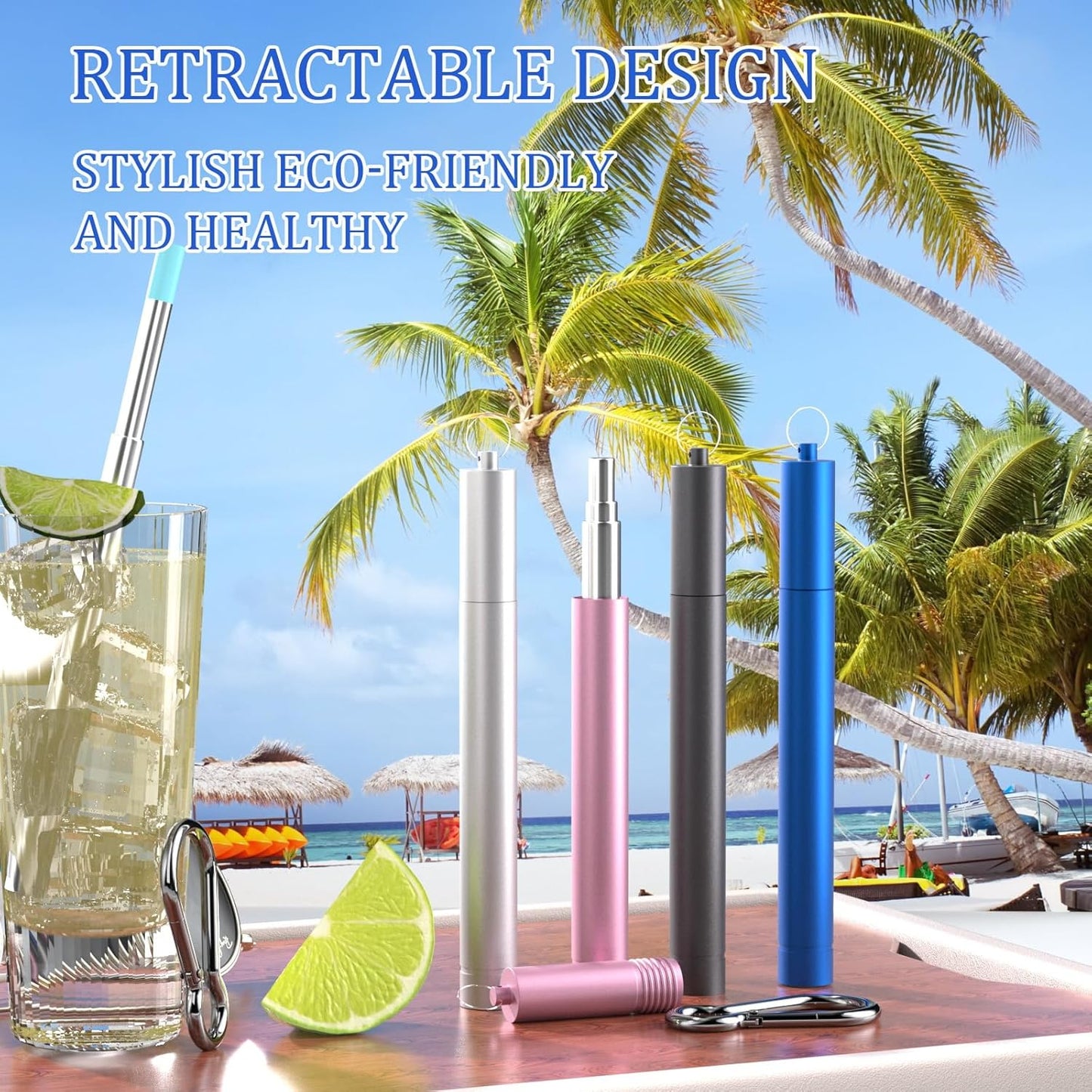 4 Pack Reusable Metal Straws Collapsible Stainless Steel Drinking Straw Travel Portable Telescopic Straw with Case for Cruise Ship Essentials Black-Silver-Rose Gold-Blue