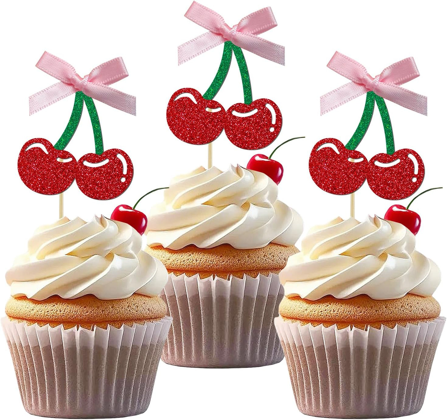 24 Pack Cherry Cupcake Toppers, Glitter Sweet Cherry Cupcake Pick for Fruits Theme Baby Shower and Birthday Decorations Supplies