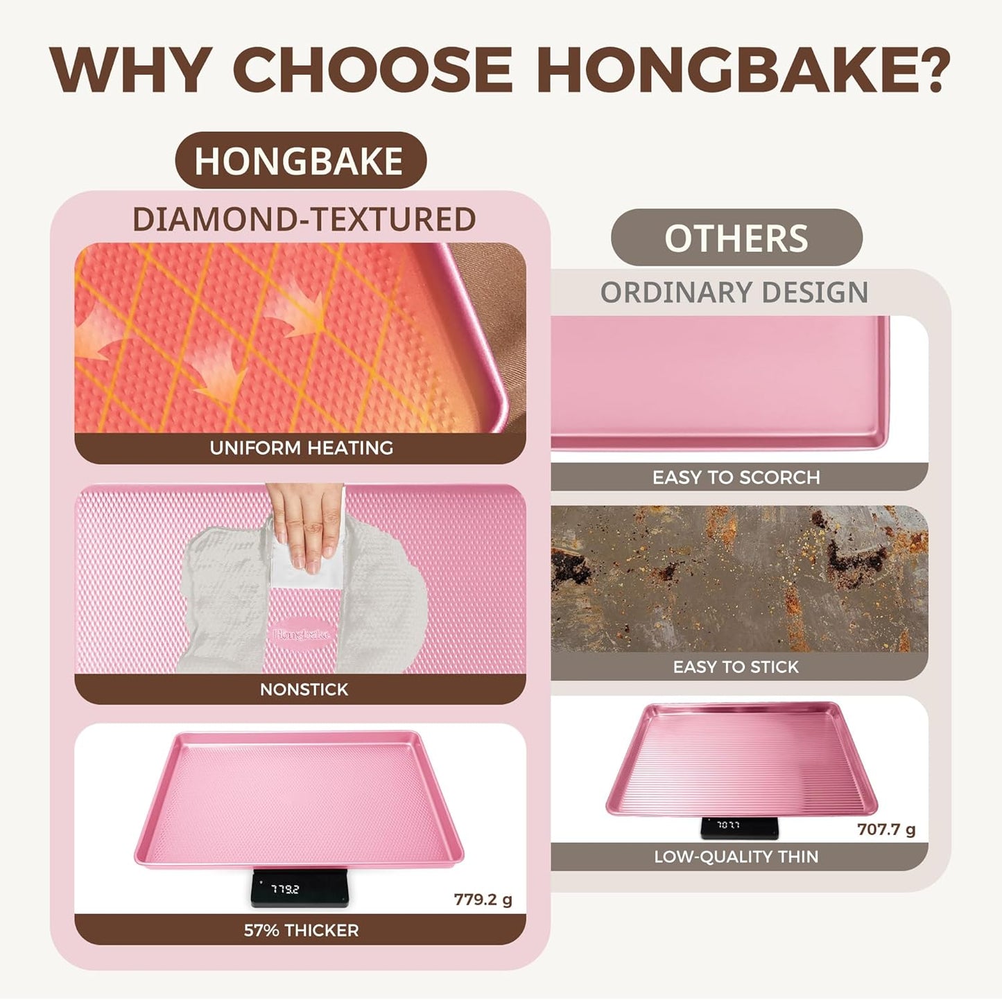 HONGBAKE 9-Piece Baking Pans Set Nonstick, Stackable Non Toxic Bakeware Sets with Diamond Texture, Oven Pan Set for Cooking, Includes Cookie Sheet with Rack, Cake Pan, Roasting Pan, Muffin Tin, Pink