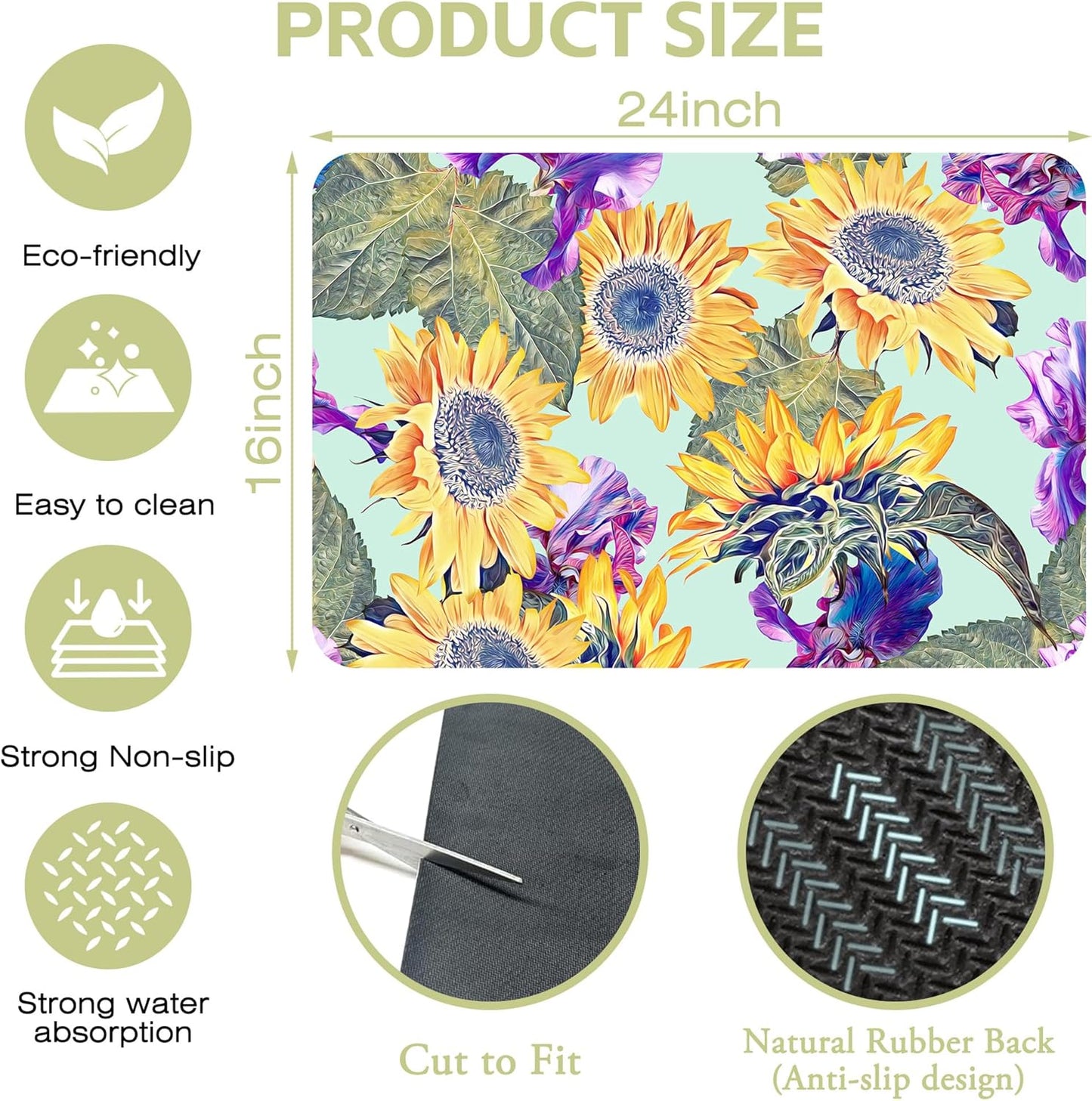 Dish Drying Mat Watercolor Sunflowers Irisflowers Floral Kitchen Mat 16"x24" Bsorbent Coffee Maker Mat for Dishes,Utensils Coffee Maker Pots and Pans Easy Clean Dish Slip Resistant Pad