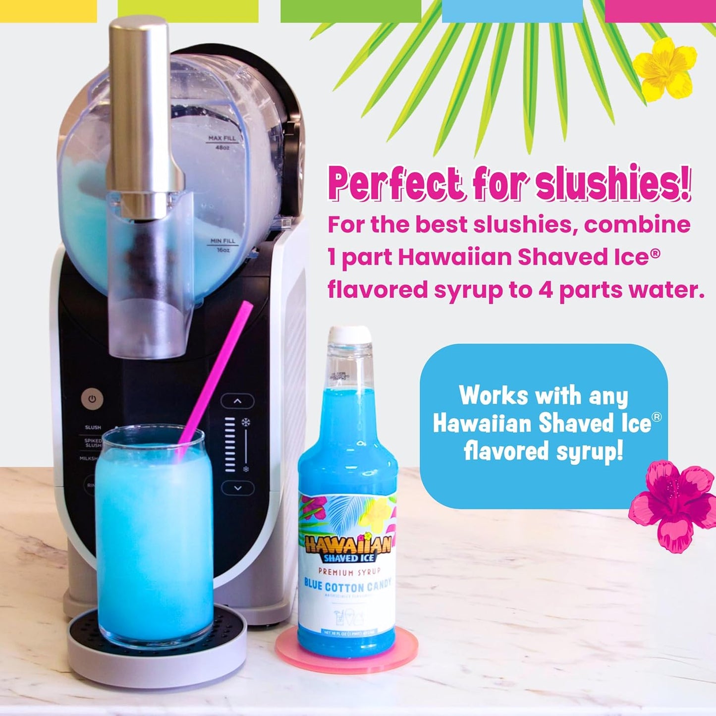 Hawaiian Shaved Ice Syrup Assortment with 6 - 16oz Bottles, 50 Snow Cone Cups, Spoon Straws, and Pouring Spouts. Flavors: Tiger’s Blood, Pina Colada, Blue Raspberry, Grape, Cherry, Lemon-Lime