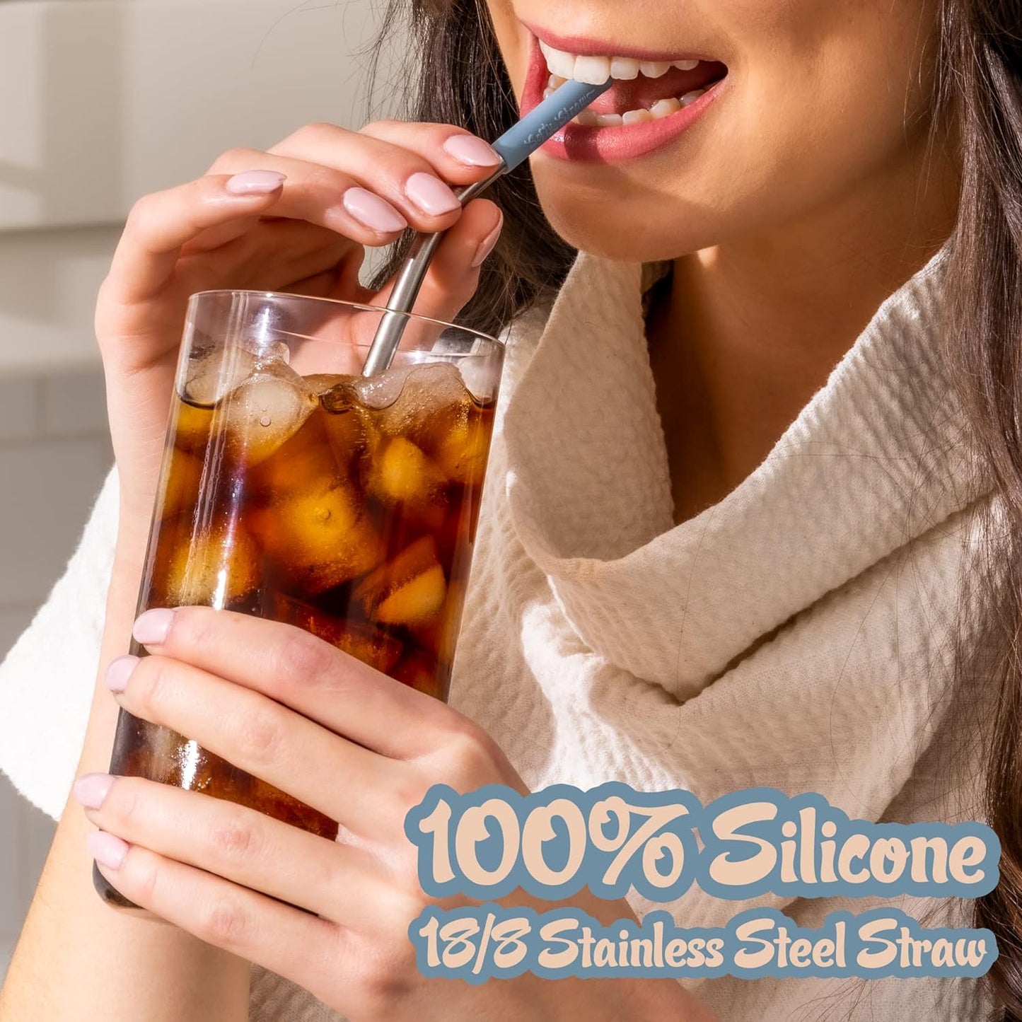 Premium Reusable Stainless Steel Drinking Straws With Silicone Tips + Patented Straw Cleaners and Carrying Case - 9” Long Metal With Curved Bend for 20/30/32oz Tumblers - Natural Colors