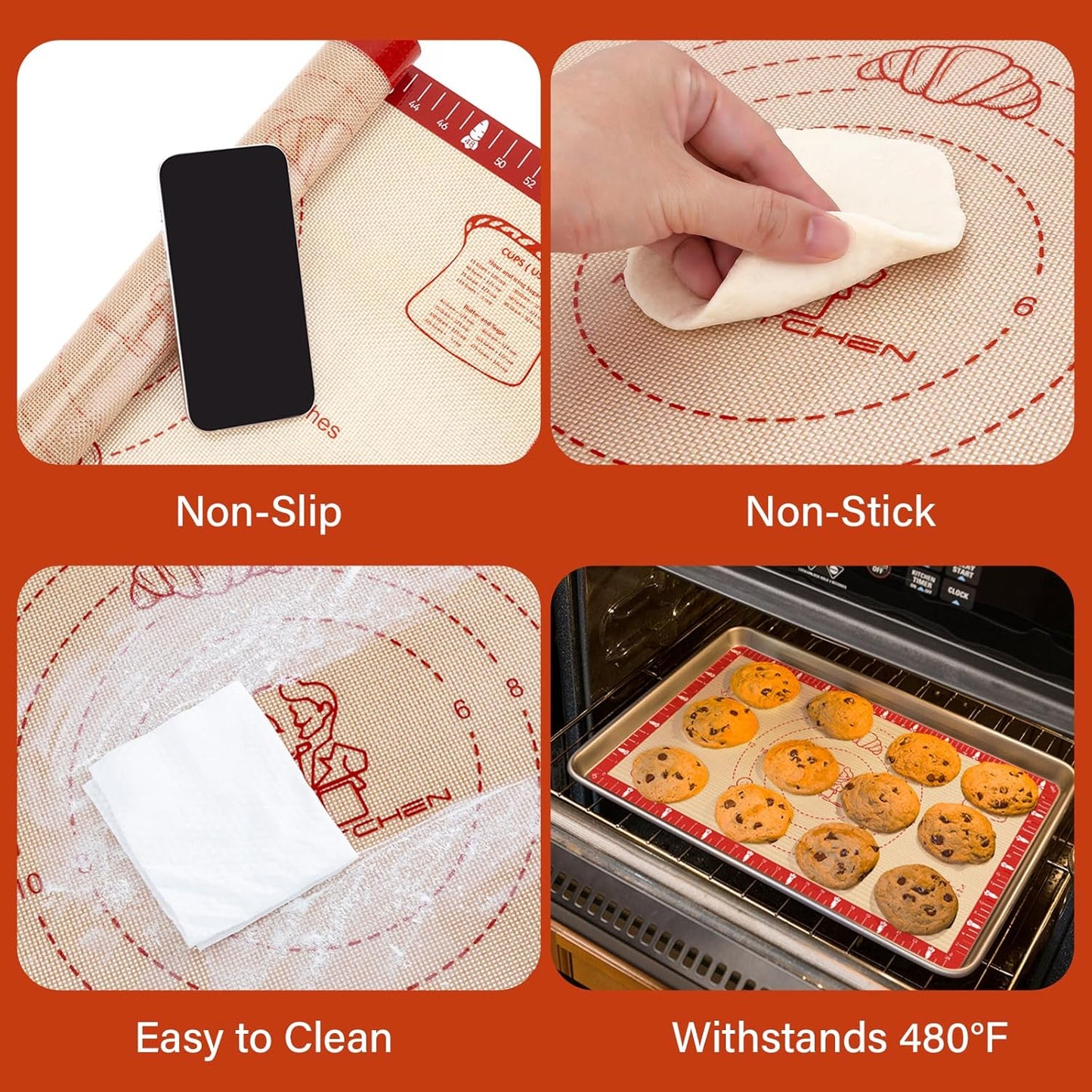 Non-Slip Silicone Baking Mat - 26x16 inch Extra Thick Pastry Mat with Measurements for Sourdough, Macarons, Bread, Pizza, Dough Rolling, Kneading, Heat Resistant to 480°F Gift for Baker