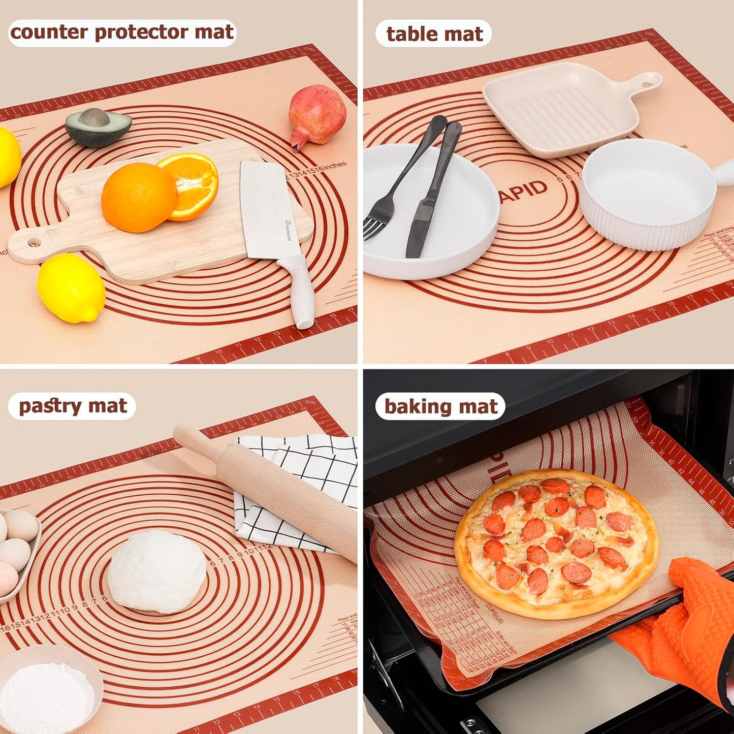 Sapid Extra Thick Silicone Pastry Mat Non-slip with Measurements for Non-stick Silicone Baking Mat Extra Large, Dough Rolling, Pie Crust, Kneading Mats, Countertop, Placement Mats (24" x 36", Red)