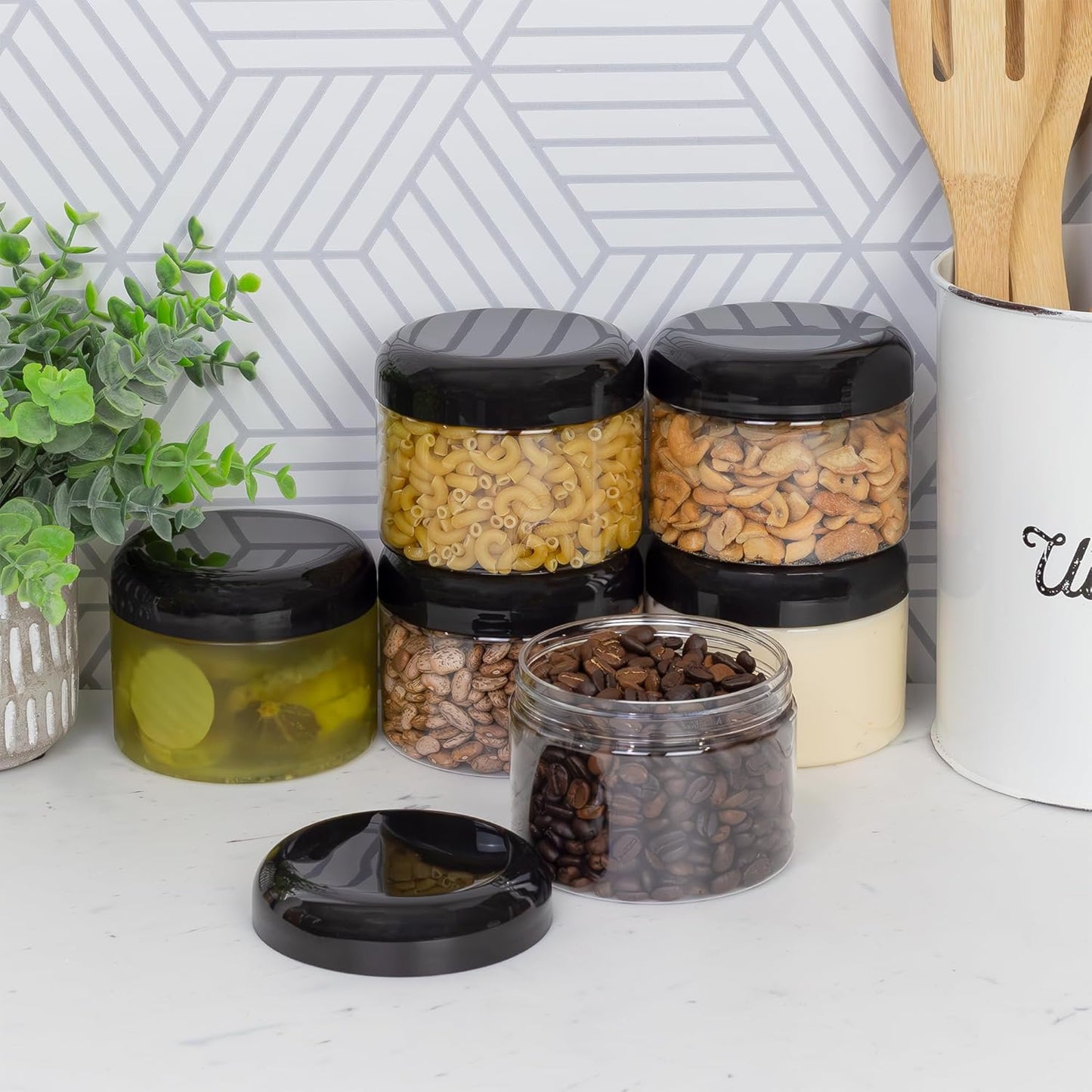 Cornucopia Brands 12 Ounce Clear Plastic Jars w/Black Plastic Lids (6-Pack); BPA Free PET Stackable Canisters for Bathroom & Kitchen Storage