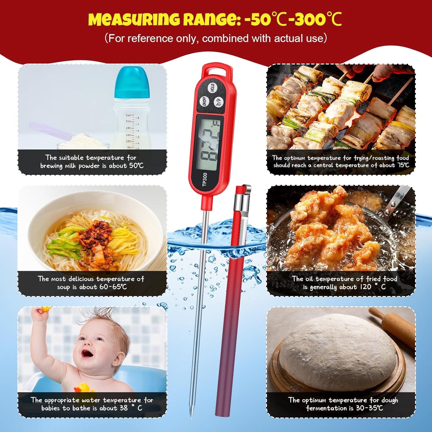6 Pcs Meat Thermometer Food Thermometer with Probe Water Liquid Instant Read Digital Thermometer Cooking Thermometer Supplies BBQ Kitchen Thermometer for Cooking Milk Yogurt (Red)