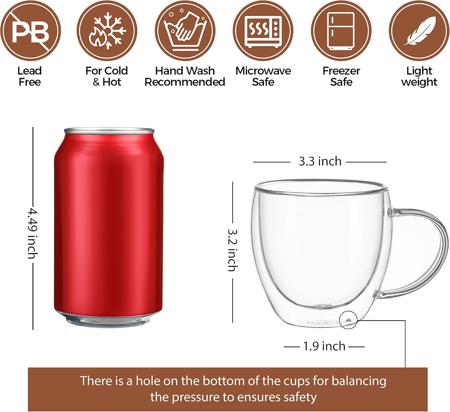 CNGLASS Double Wall Glass Coffee Mugs with Handle,8.5oz Clear Insulated Glass Espresso Cups for Hot and Cold Beverages,Latte,Cappuccino,Set of 2