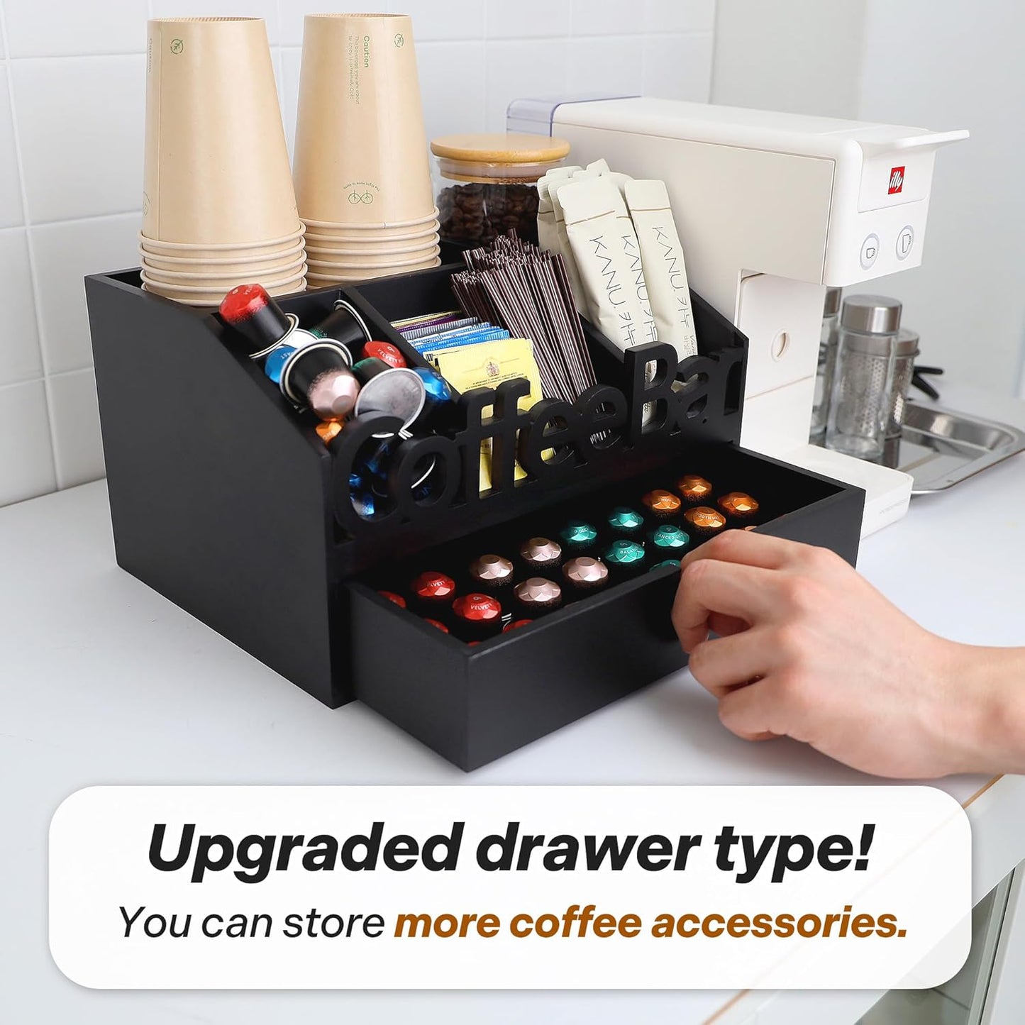 Coffee Bar Organizer for Countertop – Wooden Coffee Station with Black Drawer, Tea and K Cup Storage Rack, Coffee Pod Holder for Home and Office Counter Organization