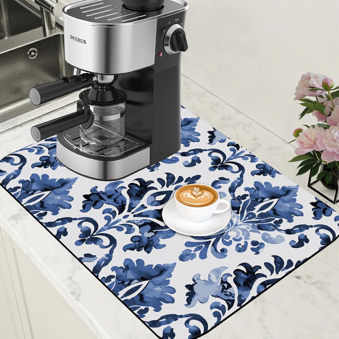 Blue Damask Flower Dish Drying Mat for Kitchen Counter Coffee Bar Mat Hide Stain Absorbent Rubber Backed Drying Rack Pad Espresso Machine Coffee Bar Accessories 15.7 x 23.6 Inch