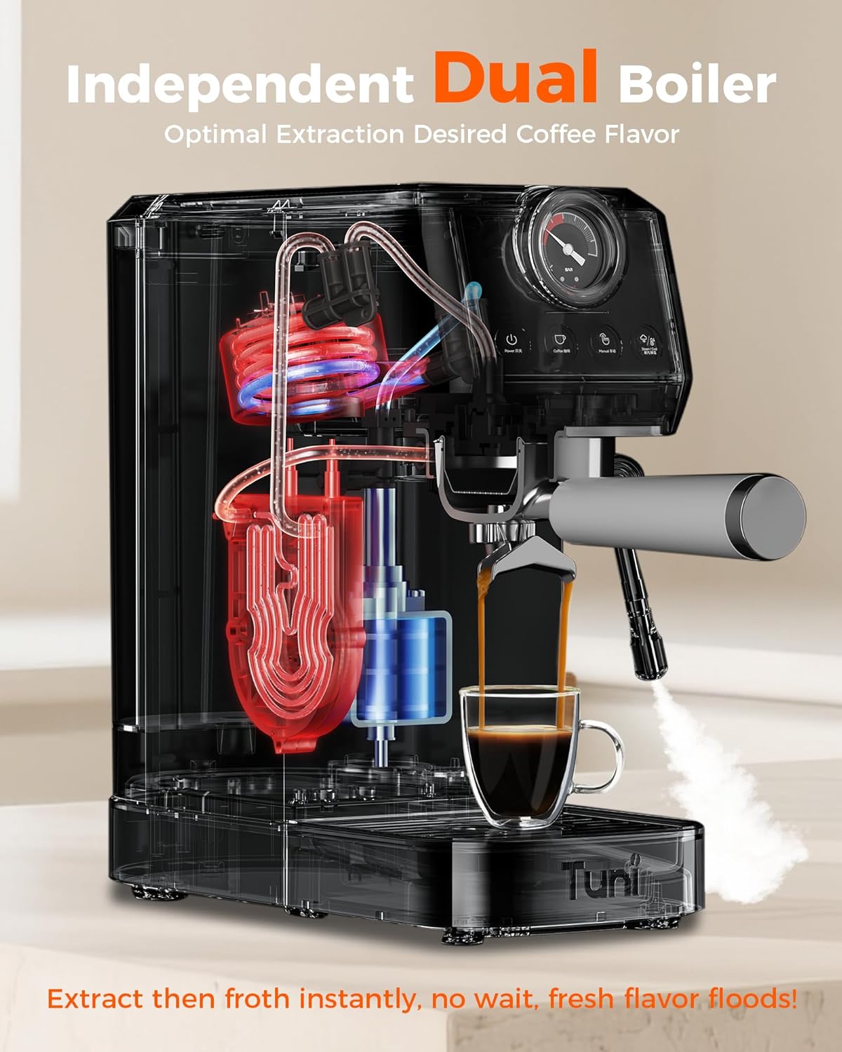 Tuni E2 58mm Dual Boiler Espresso Machine and G1 Ivory 48 Grinding Settings Conical Burr Coffee Grinder with Bottomless Portalfilter Combo (E2 with Upgrade Kit)