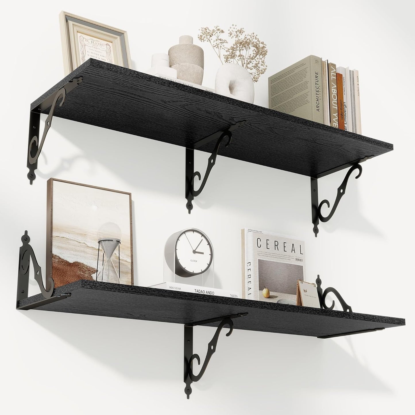 RICHFOCUS 12 Inch Deep Floating Shelves for Wall, 36" W x 12" D Black Wood Wall Shelves Set of 2, Wide Floating Shelves for Living Room, Bedroom, Kitchen, Bathroom and Decor Storage, Black