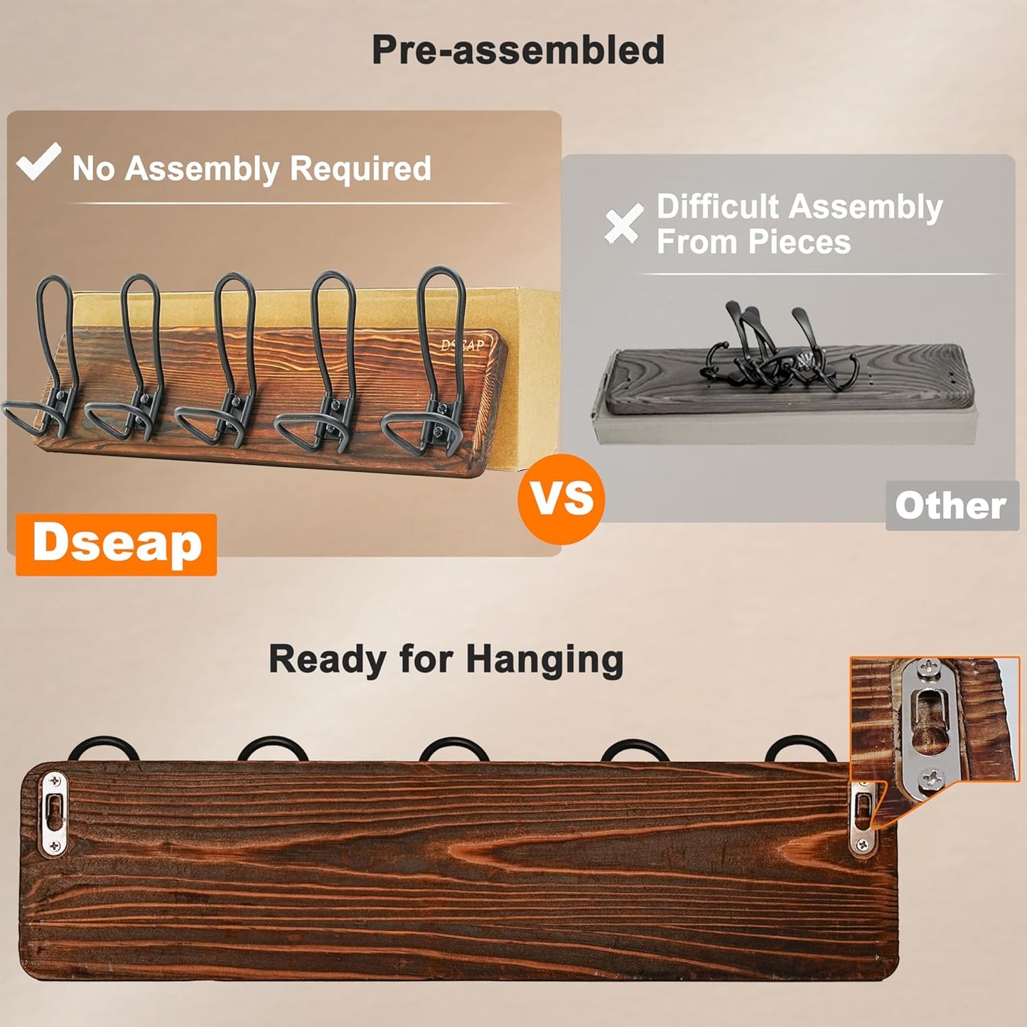 Dseap Coat Rack Wall Mounted - Heavy Duty Farmhouse Rustic Wall Coat Hanger with 5 Wire Hooks for Clothes Hat Jacket Towel, RusticWire, G25A, Rustic Brown & Black