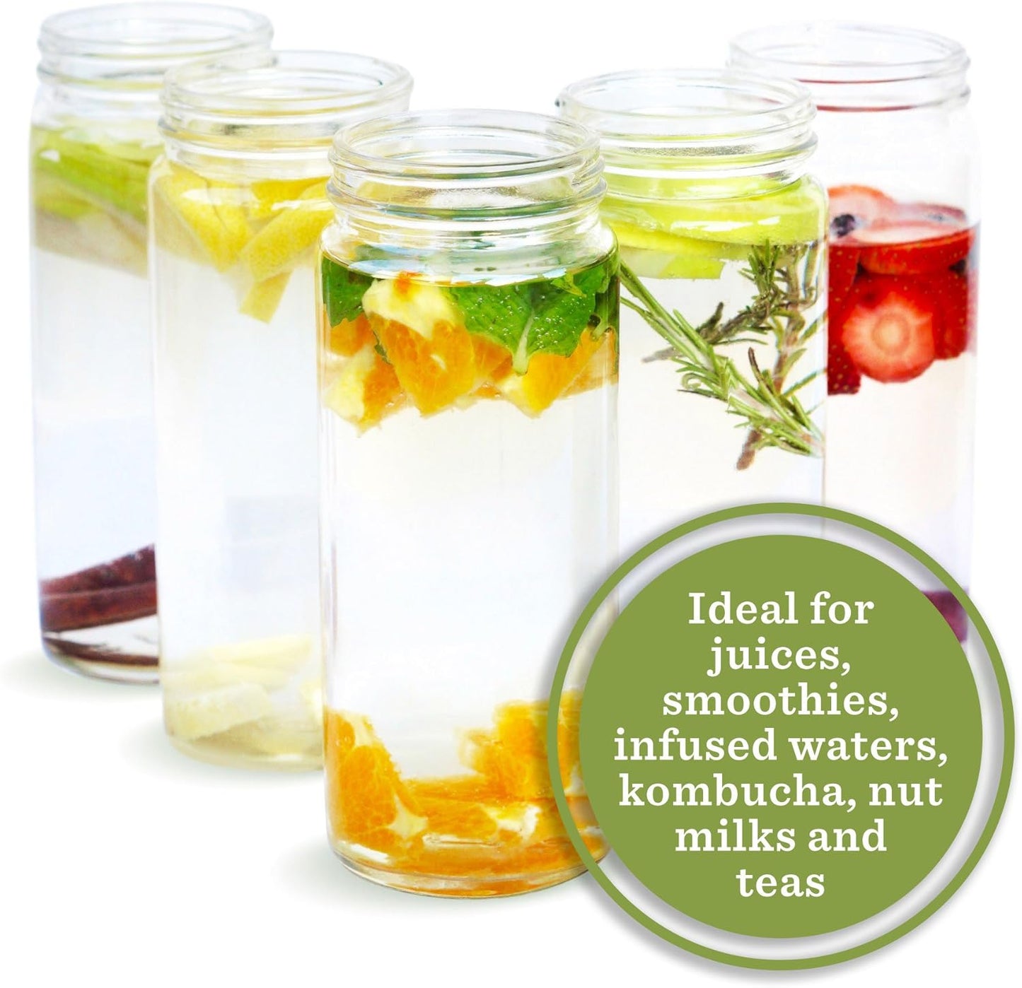 All About Juicing Clear Glass Water Bottles Set - 6 Pack Wide Mouth with Lids for Juice, Smoothies, Beverage Storage - 16 oz, Durable, Reusable, Dishwasher Safe, Leak Proof (Grey Caps)