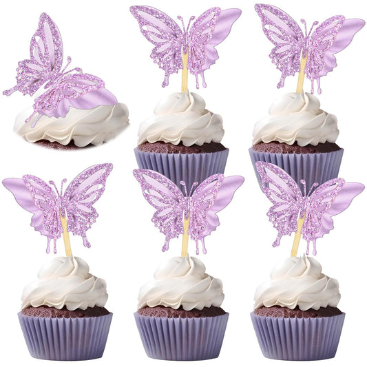 Chinco 48 Pcs Butterfly Cupcake Toppers Assembled Double Layer Cupcake Topper 3D Glitter Cake Topper Butterfly Cocktail Pick Decoration for Baby Shower Birthday Wedding(Purple,Retro Style)