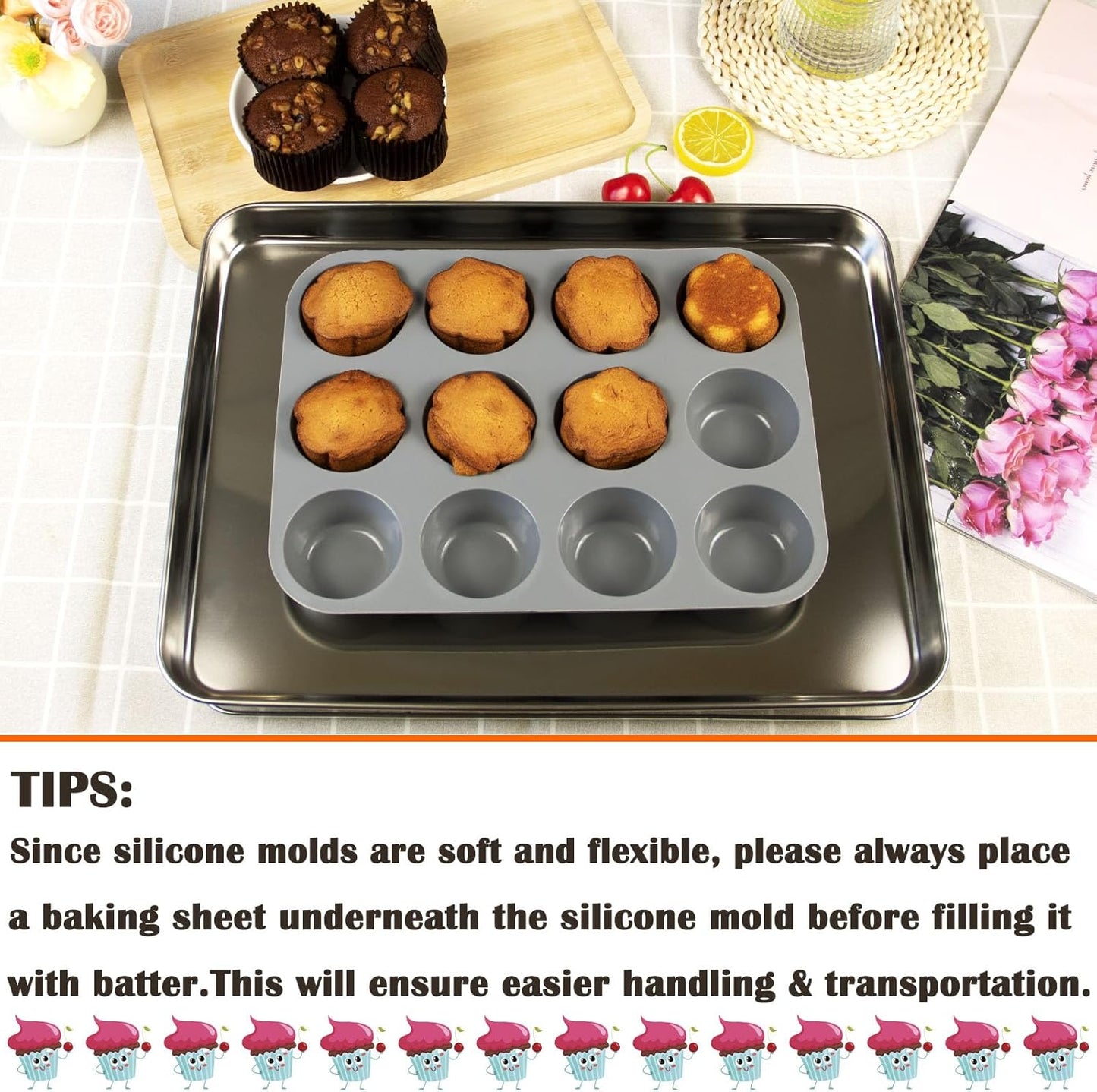 12 Cups Silicone Mini Muffin Pan Set, Nonstick Mini Cupcake Pans, BPA Free Small Muffin Tin for Baking, Set of 2 (Gray+Gray)