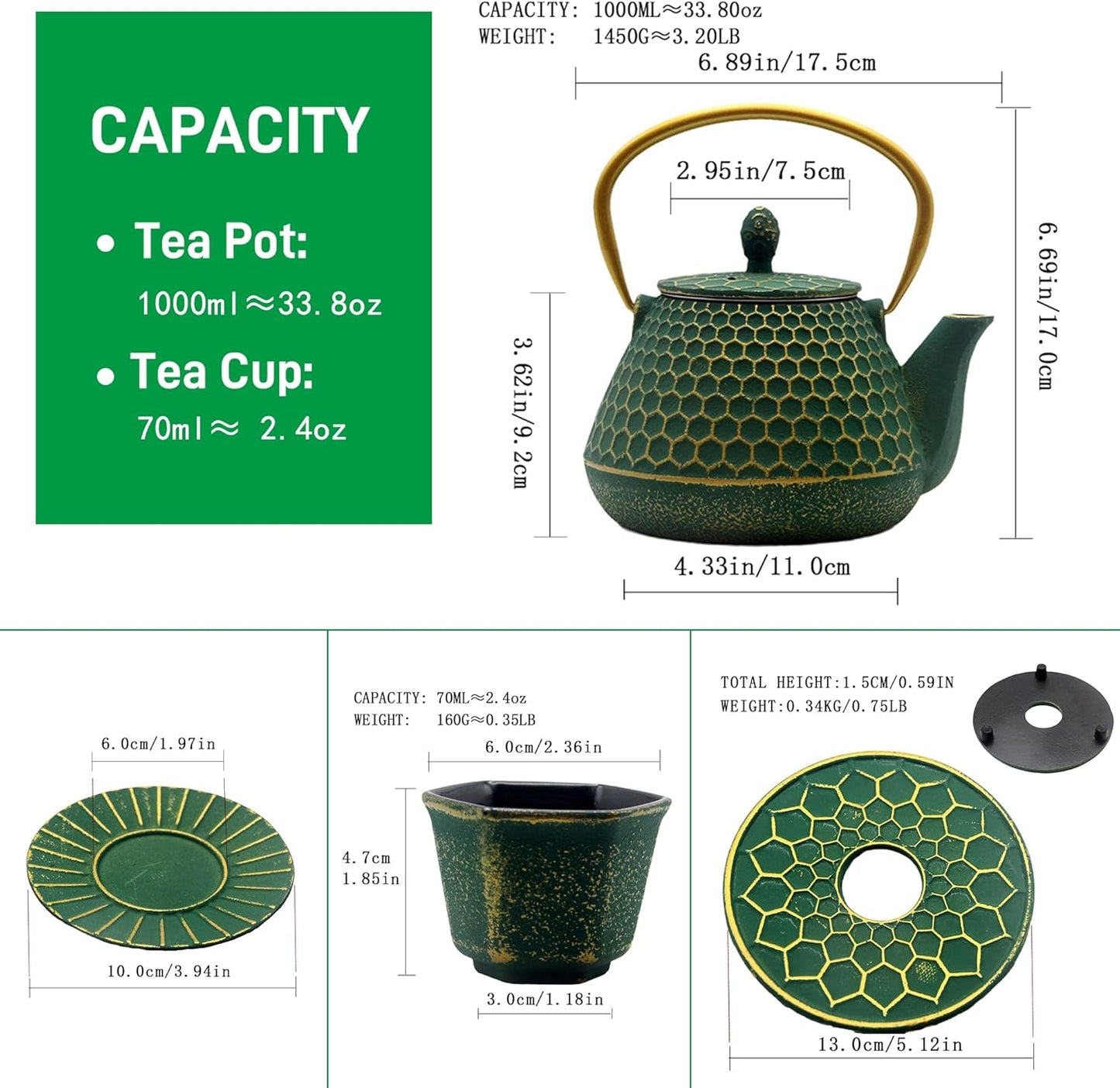 Cast Iron Tea Kettle Set, 33.8oz Hexagon Pattern Teapot Set with Cups and Cup Mats, Teapot Coated with Enameled Interior, Durable Cast Iron Teapot Set with Stainless Steel Infuser