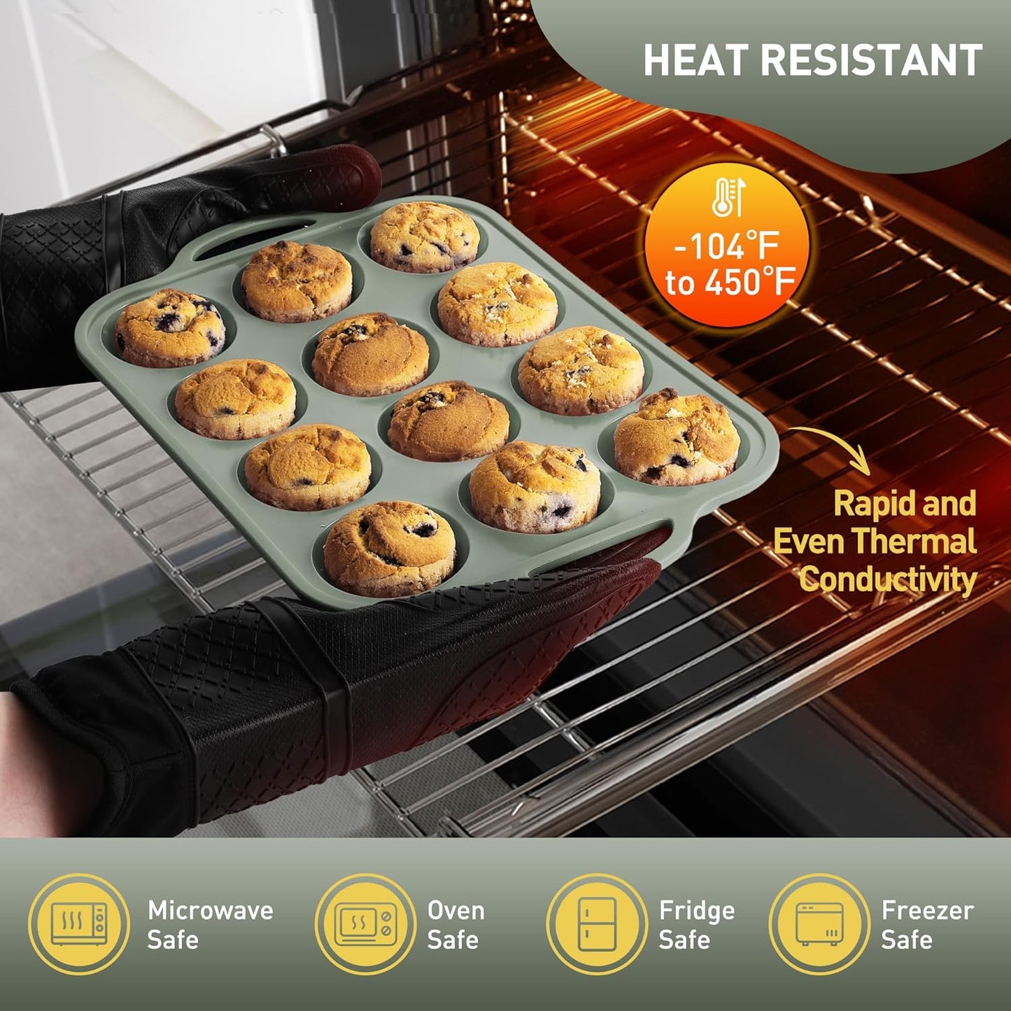 2 Packs 12 Cups Silicone Muffin Pan with Metal Reinforced Frame Regular Size Cupcake Pan Tray Egg Bites Silicone Circle Cookie Molds Muffin Tin Tart Pans Baking Sheet Set for Breakfast Sandwiches