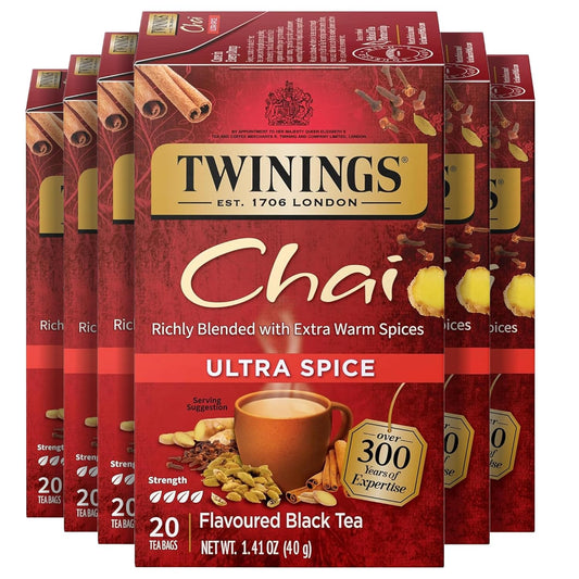 Twinings Ultra Spice Chai Individually Wrapped Bags, 20 Count (Pack of 6), Sweet, Savoury Spices, Caffeinated, Enjoy Hot or Iced, 120 Teabags