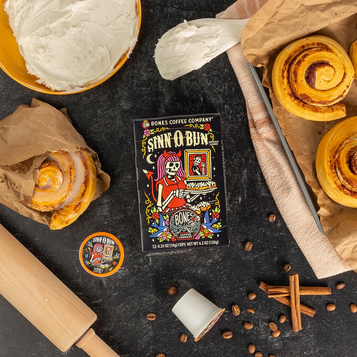 Bones Coffee Company Cinnamon Roll Flavored Coffee, Medium Roast Low Acid Arabica Beans Compatible with Auto drip and French Press Coffee Maker, 12 Oz Whole Bean