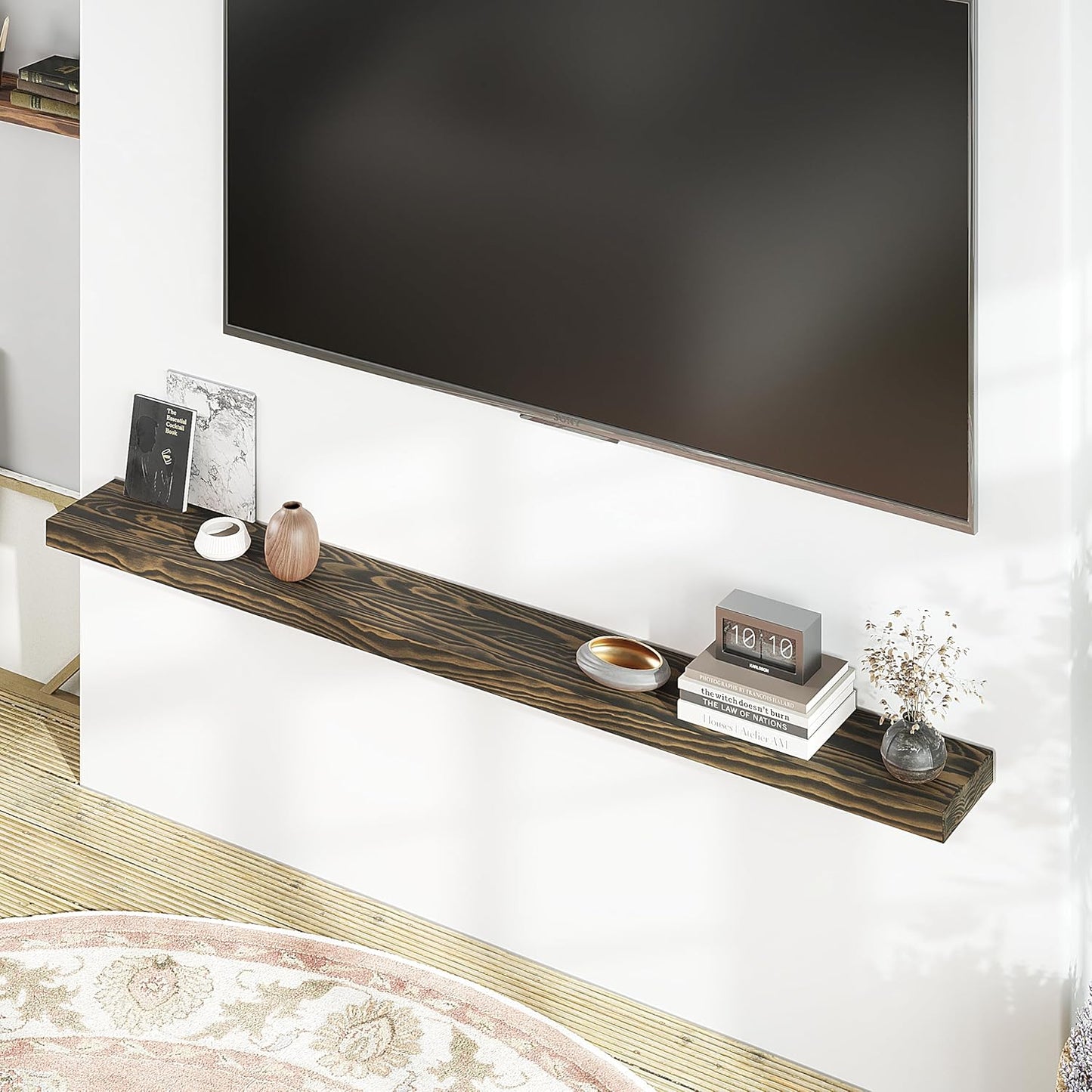 72'' Pine Wood Floating Shelf for Wall - Rustic Wall Mounted Wooden Shelf for Stylish Home Décor, Fireplace Mantel 72inch (Dark Brown, 72x8x2) - 1pcs