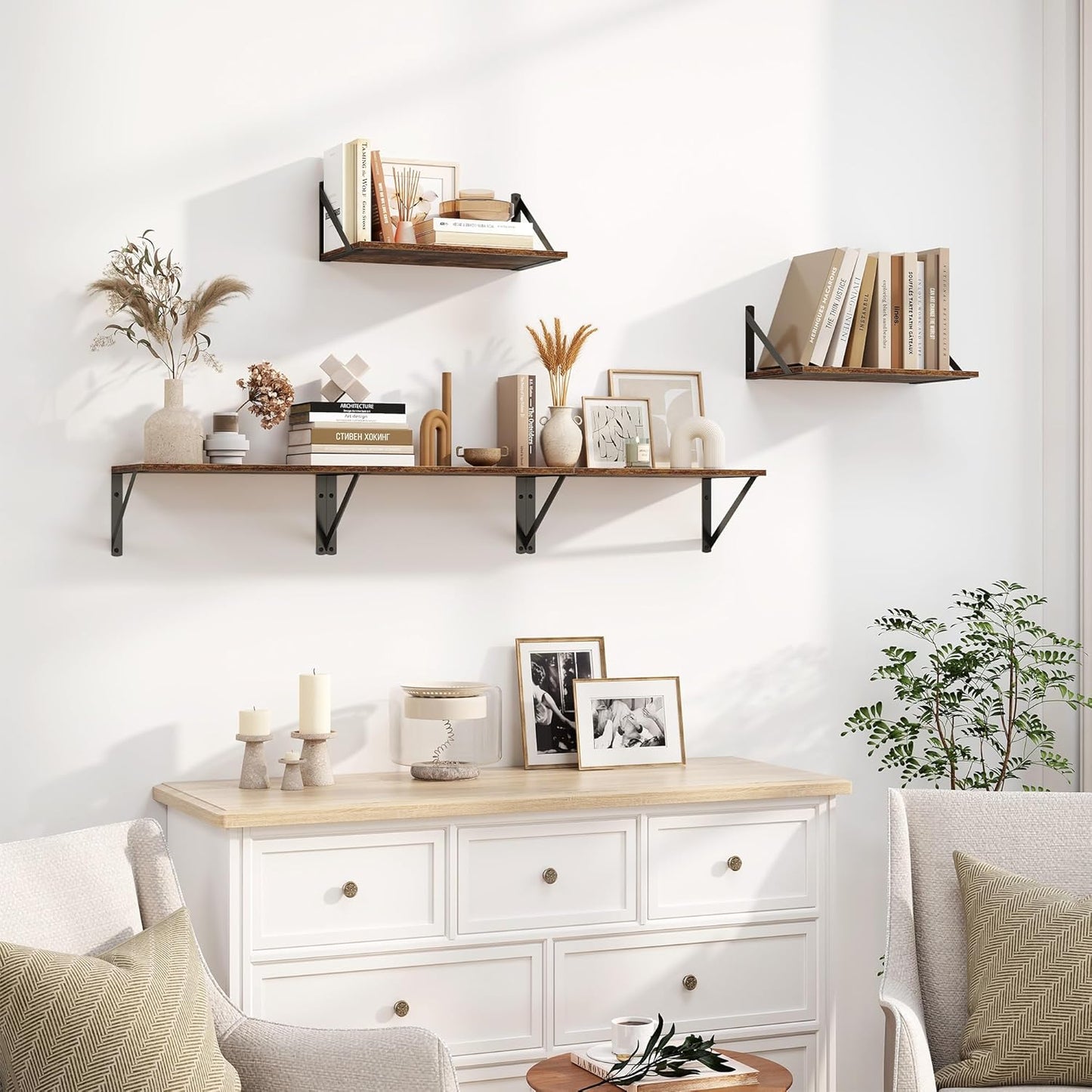 Heimlove Deep Floating Shelves for Wall, 16W x 8D Wood Wall Shelves Set of 2, Wide Floating Bookshelf for Living Room, Kitchen, Office, Bedroom and Decor Storage, with Metal Bracket - Rustic Brown