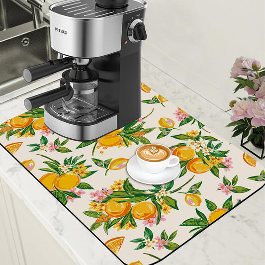 Dish Drying Mat Orange Fruit Floral Coffee Bar Mat for Countertop Hide Stain Rubber Backed Dish Drainer Rack Pad Coffee Maker Espresso Machine Dining Room Decoration 15.7 x 23.6 Inch