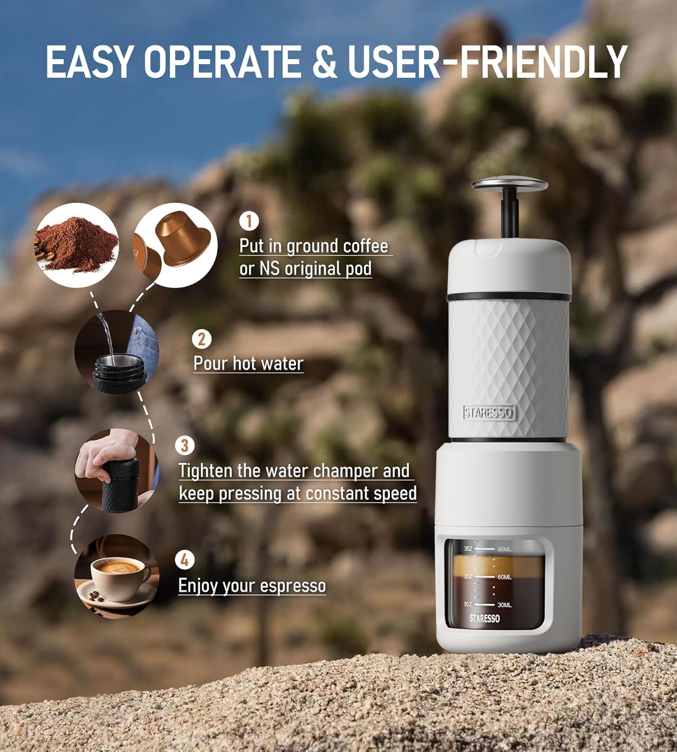 STARESSO Classic Portable Espresso Maker, 2 IN 1 Travel Coffee Maker Compatible Ground Coffee & NS Original Pods, Espresso Machine with Stainless Steel Chamber for Travel Camping, Manually Operated