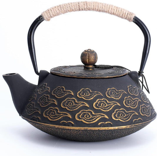 Cast Iron Teapot, Japanese Tea Pot with Infuser for Loose Leaf, Tea Kettle Stovetop Safe Coated with Enameled Interior, Clouds Pattern 27oz, 800ml Black