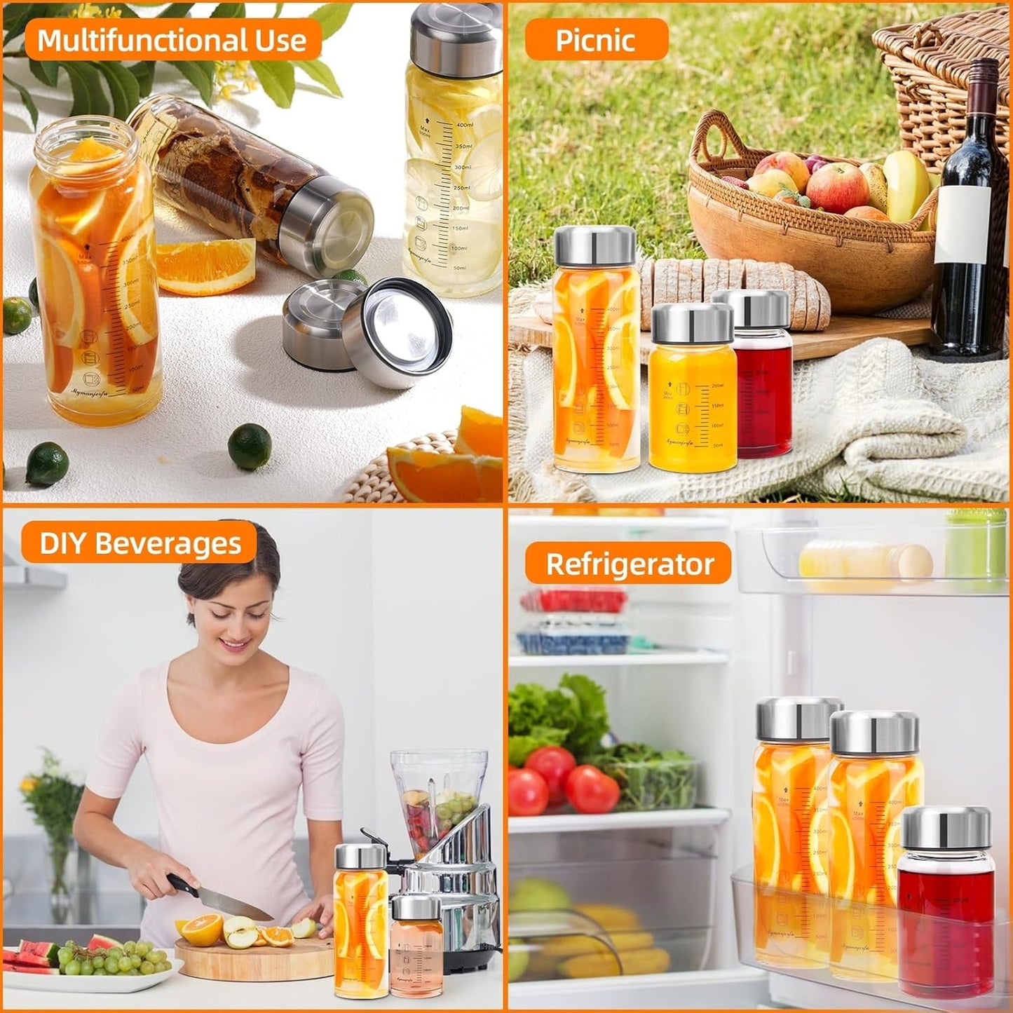 Glass Juice Bottles 6 Pack 20 oz - Wide Mouth Glass Water Bottles with Lids - for Juicing, Smoothies, Milk, Protein, BPA Free, Reusable, Stainless Steel Lids, Leak Proof, Shaker bottle (20oz/600ml)