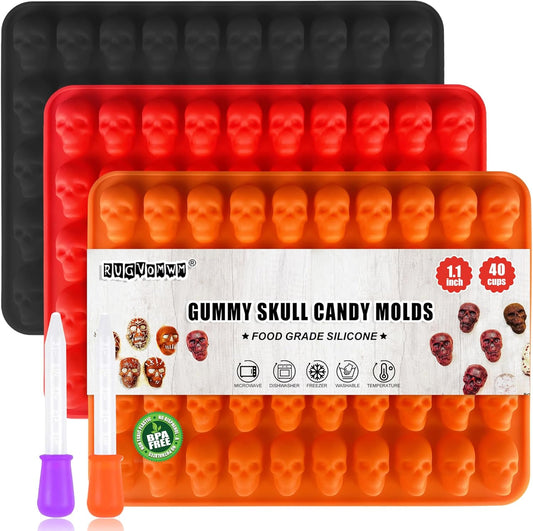 3 Pack Halloween Gummy Skull Candy Molds Silicone,Halloween Mini Skull Mold with 2 Droppers for Chocolate, Candy,Ice Cube - Orange，Red，Black