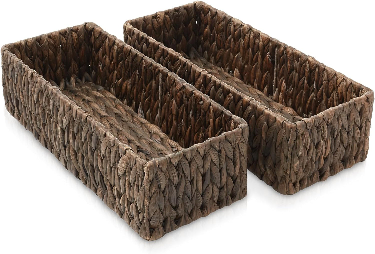 Casafield Set of 2 Bathroom Storage Baskets, Espresso - Water Hyacinth, 16" W x 6.75" D x 4.25" H, Woven Toilet Tank Topper Bins for Organizing Tissues, Toilet Paper, Toiletries, Shelves